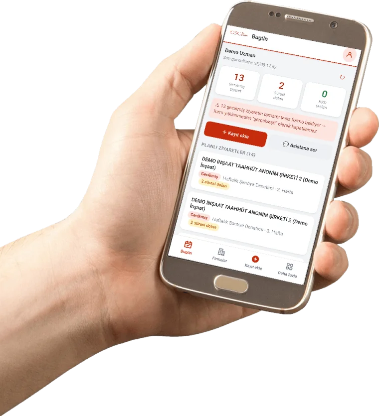 OSGBpro mobil uygulamasının Bugün ekranı